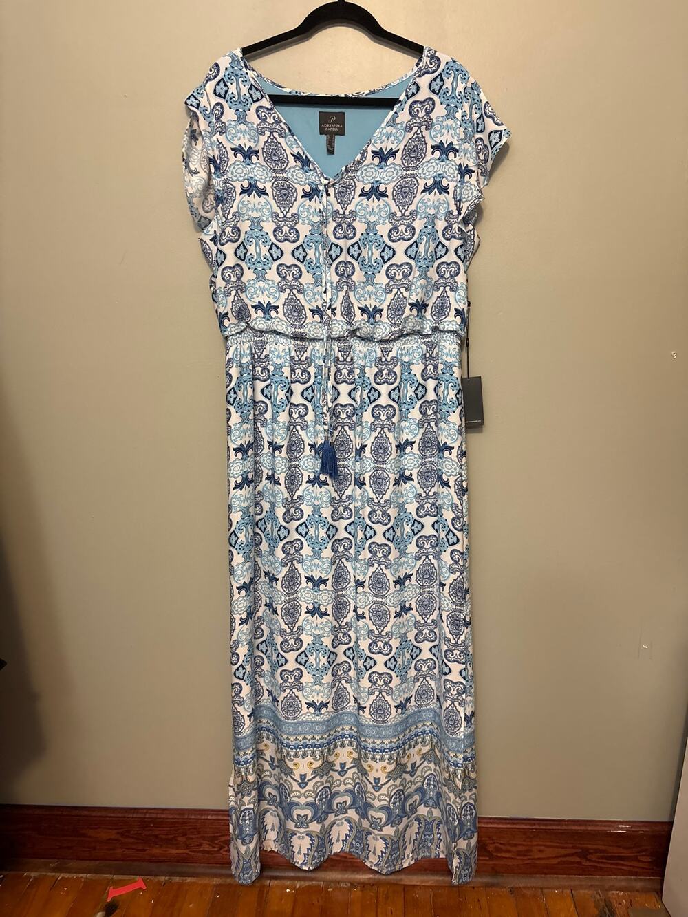 NWT Adrianna Papell Blue & White Damask Maxi Dress Size 18 Flutter Sleeve
